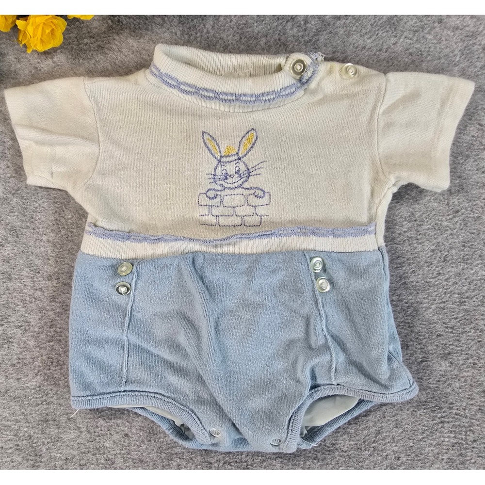 Vintage 60s 70s Baby Knit Romper Blue White Bunny Rabbit Embroidered 0-3m - Picture 1 of 9
